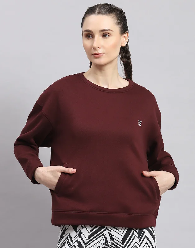 Women Maroon Solid Round Neck Full Sleeve Sweatshirt