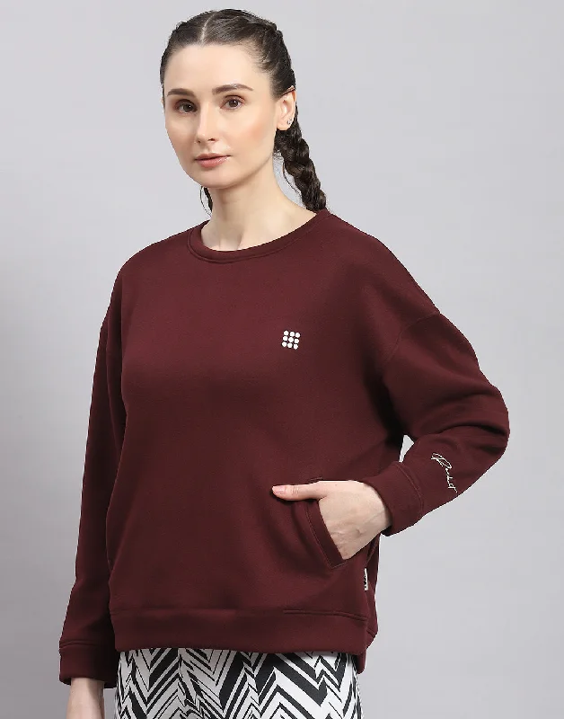 Women Maroon Solid Round Neck Full Sleeve Sweatshirt