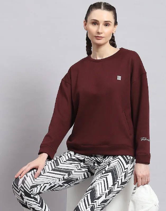 Women Maroon Solid Round Neck Full Sleeve Sweatshirt