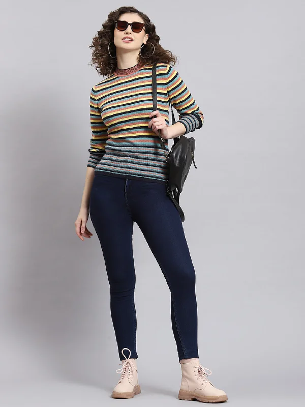 Women Multicolor Stripe Round Neck Full Sleeve Sweatshirt