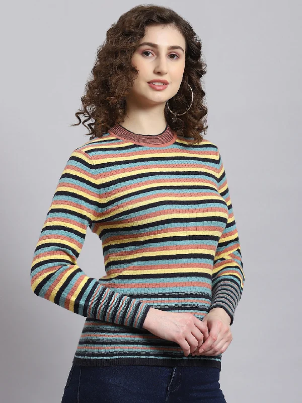 Women Multicolor Stripe Round Neck Full Sleeve Sweatshirt