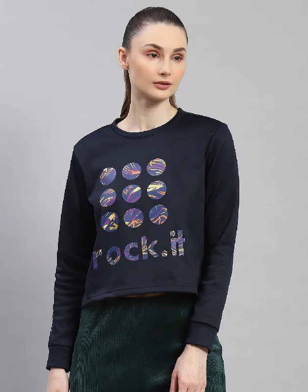 Women Navy Blue Printed Round Neck Full Sleeve Sweatshirt