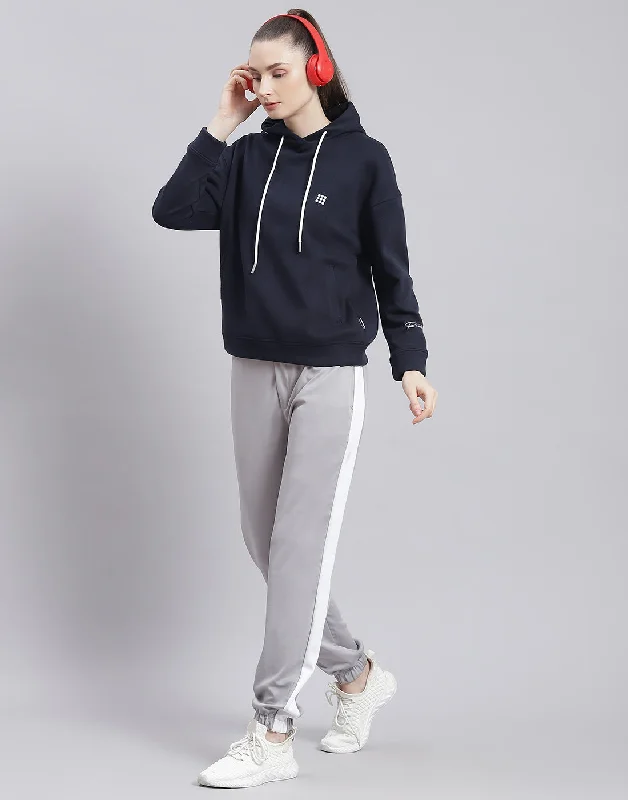 Women Navy Blue Solid Hooded Full Sleeve Sweatshirt