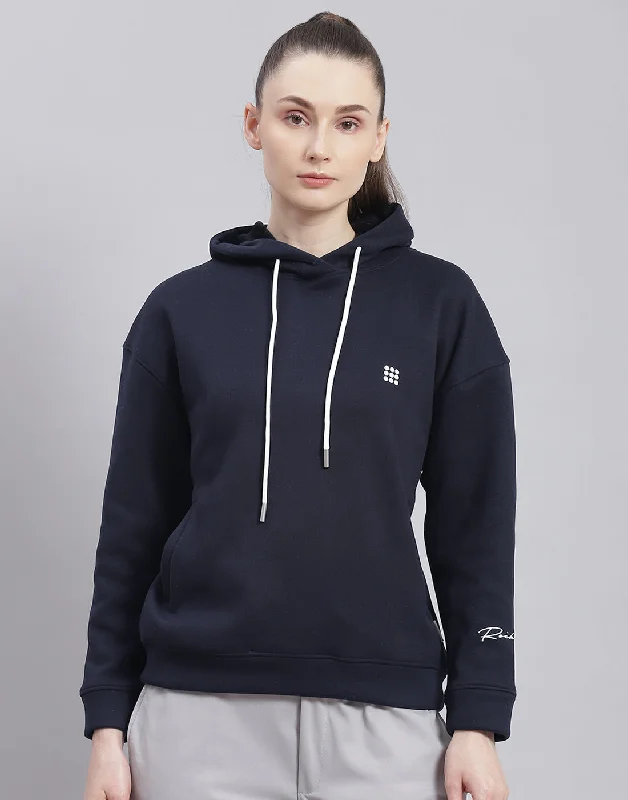 Women Navy Blue Solid Hooded Full Sleeve Sweatshirt