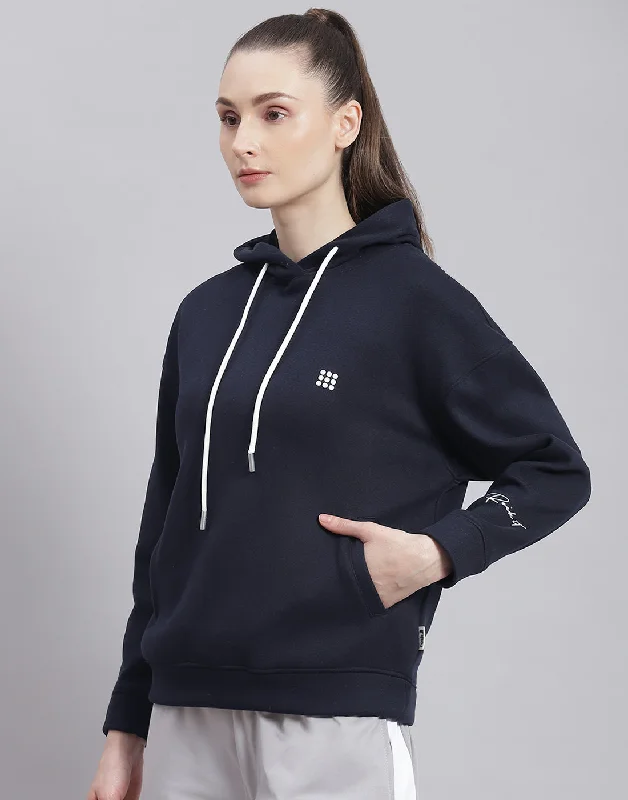 Women Navy Blue Solid Hooded Full Sleeve Sweatshirt