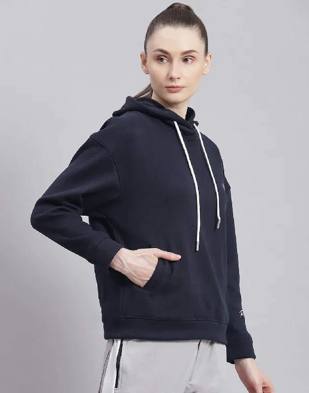 Women Navy Blue Solid Hooded Full Sleeve Sweatshirt