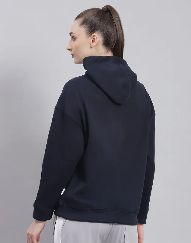 Women Navy Blue Solid Hooded Full Sleeve Sweatshirt