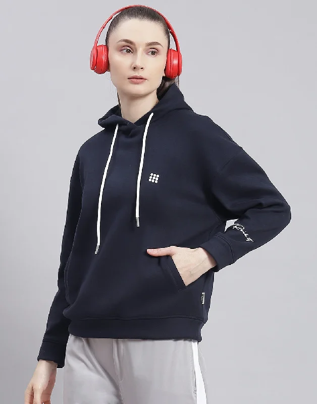 Women Navy Blue Solid Hooded Full Sleeve Sweatshirt