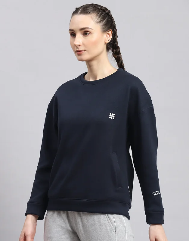 Women Navy Blue Solid Round Neck Full Sleeve Sweatshirt