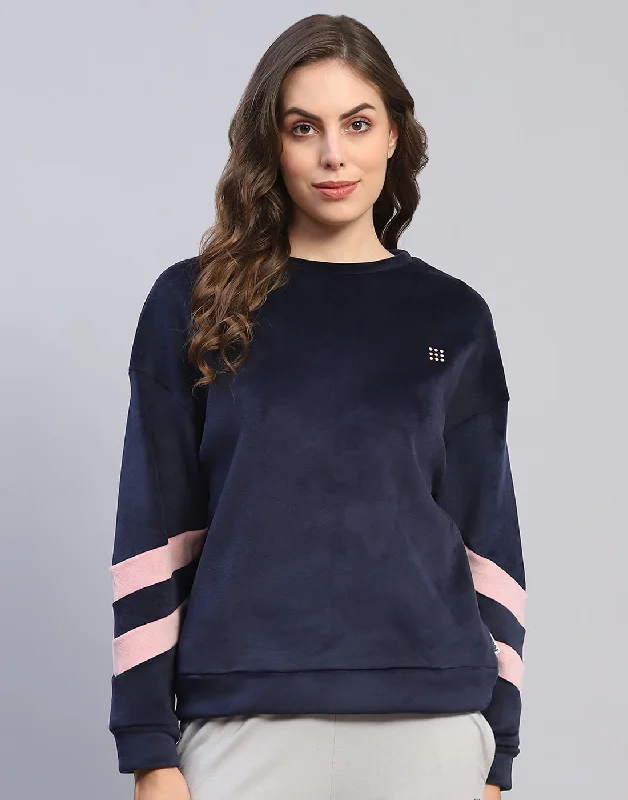 Women Navy Blue Solid Round Neck Full Sleeve Sweatshirt