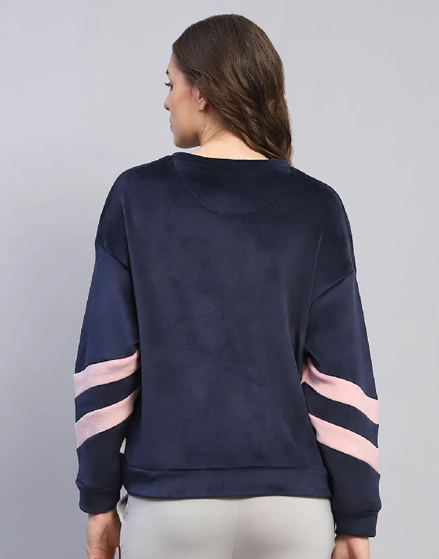 Women Navy Blue Solid Round Neck Full Sleeve Sweatshirt