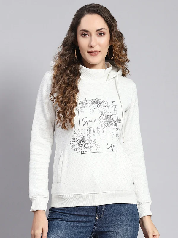 Women Off White Printed Hooded Full Sleeve Sweatshirts