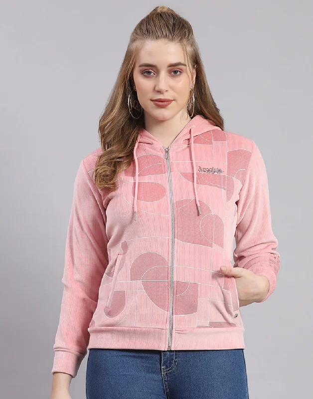 Women Peach Printed Hooded Full Sleeve Sweatshirt