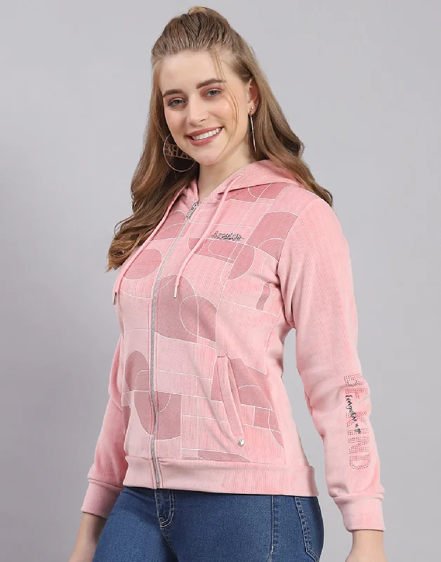 Women Peach Printed Hooded Full Sleeve Sweatshirt