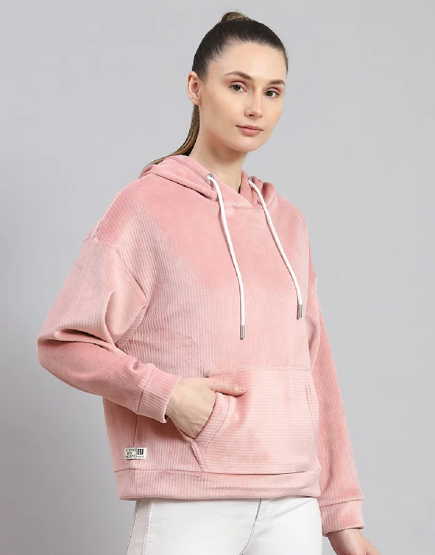 Women Peach Solid Hooded Full Sleeve Sweatshirt