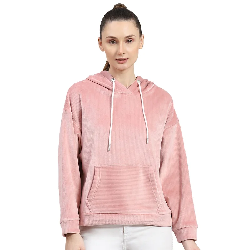 Women Peach Solid Hooded Full Sleeve Sweatshirt