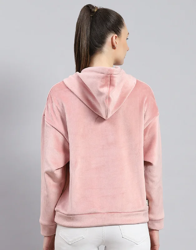 Women Peach Solid Hooded Full Sleeve Sweatshirt