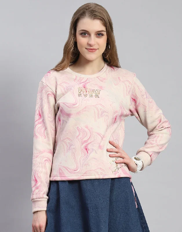 Women Pink Printed Round Neck Full Sleeve Sweatshirt