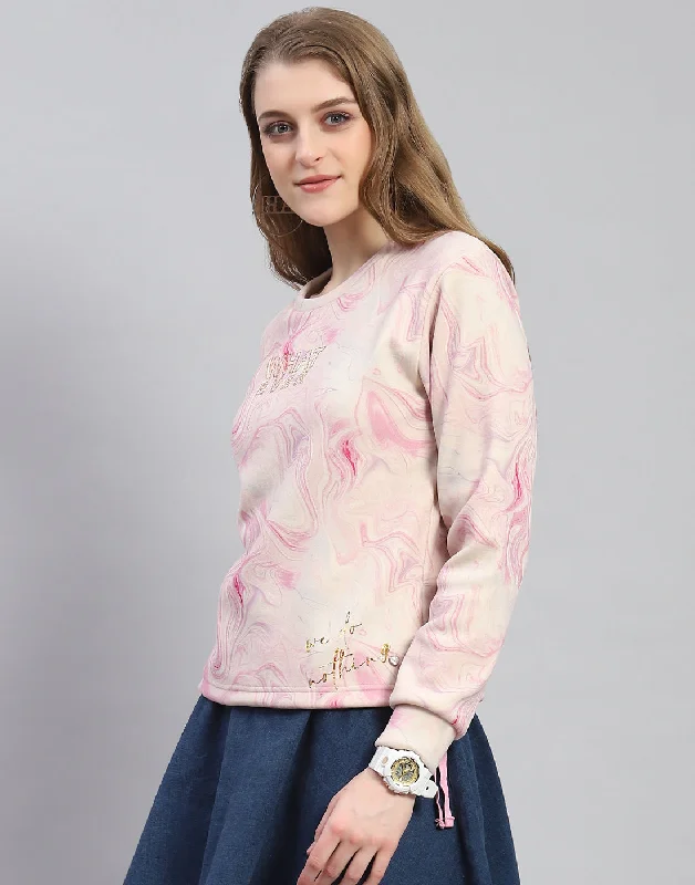 Women Pink Printed Round Neck Full Sleeve Sweatshirt