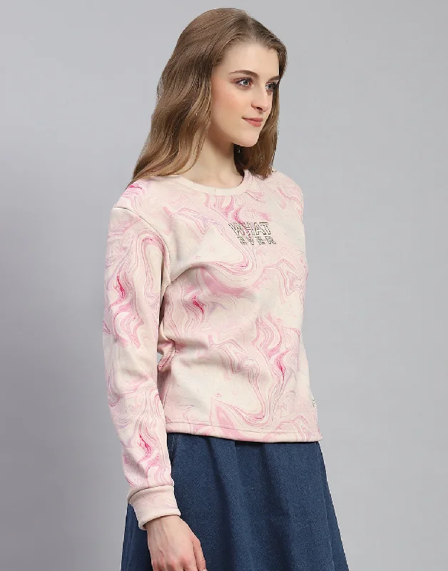 Women Pink Printed Round Neck Full Sleeve Sweatshirt