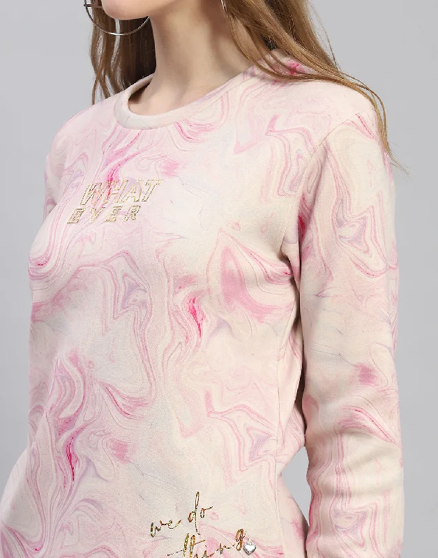 Women Pink Printed Round Neck Full Sleeve Sweatshirt