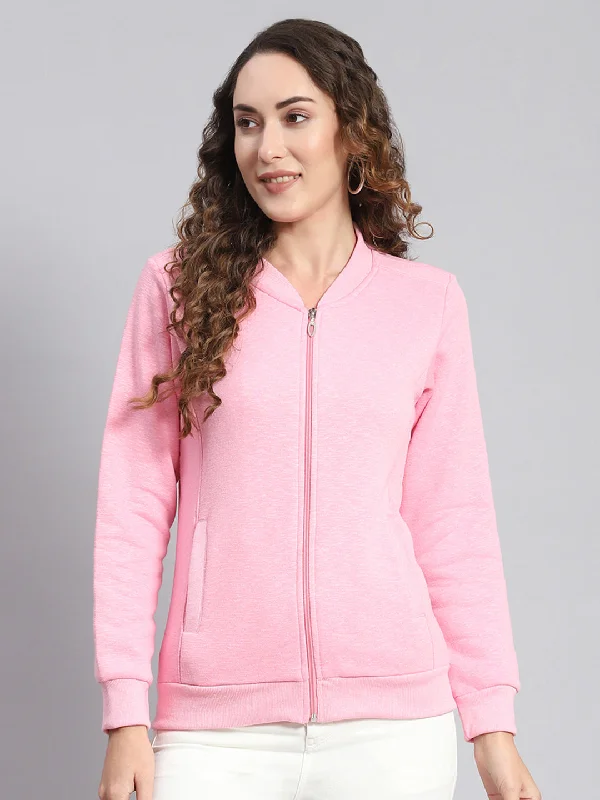 Women Pink Solid Mandarin Collar Full Sleeve Sweatshirts