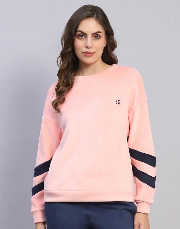 Women Pink Solid Round Neck Full Sleeve Sweatshirt