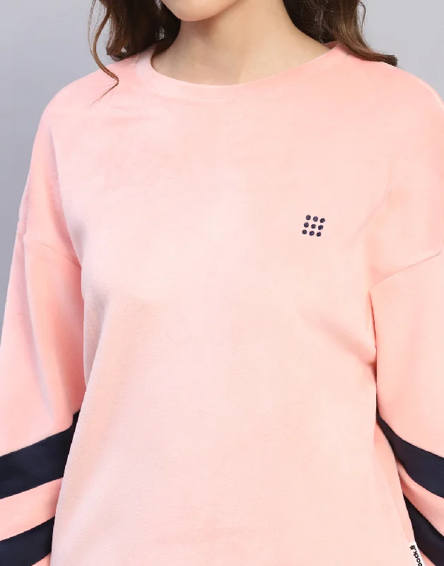 Women Pink Solid Round Neck Full Sleeve Sweatshirt