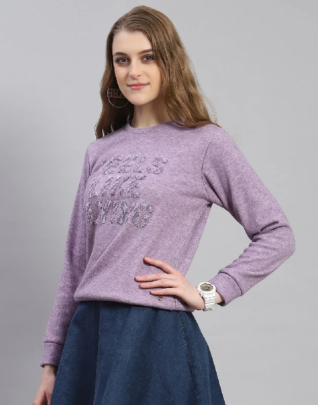 Women Purple Embroidered Round Neck Full Sleeve Sweatshirt