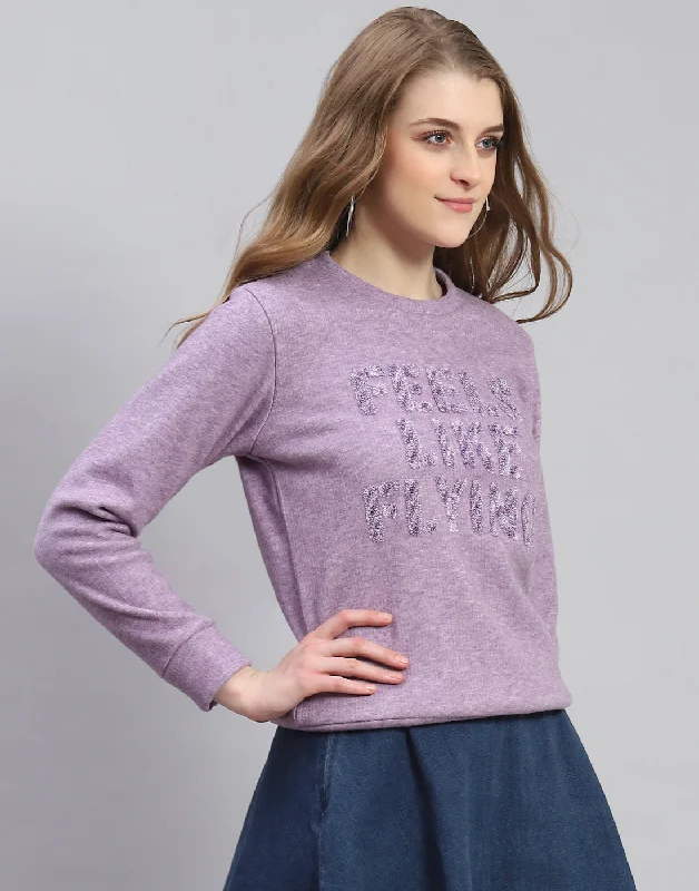 Women Purple Embroidered Round Neck Full Sleeve Sweatshirt