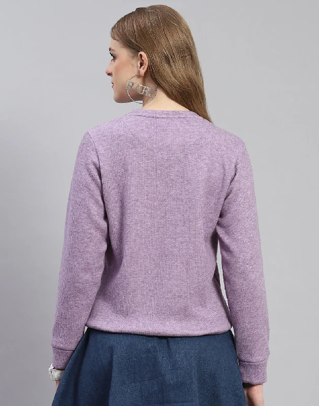 Women Purple Embroidered Round Neck Full Sleeve Sweatshirt