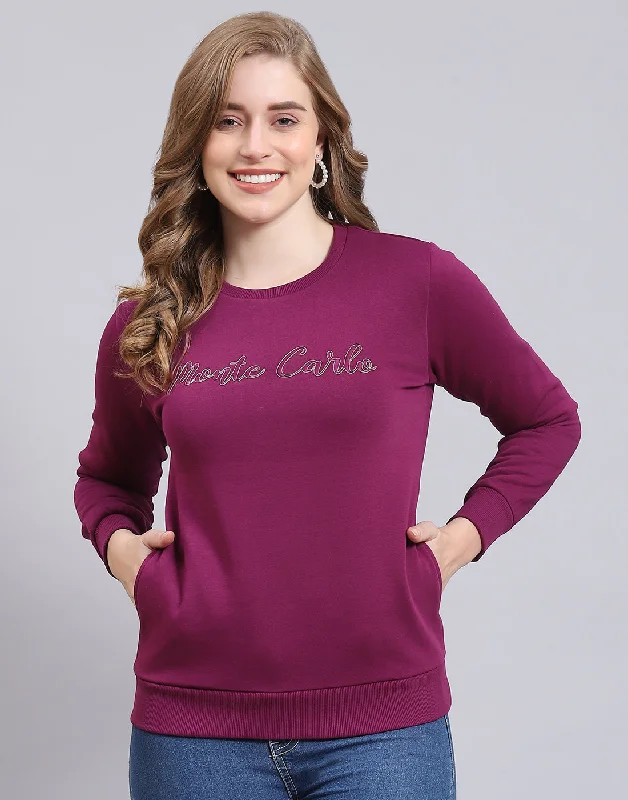 Women Purple Embroidered Round Neck Full Sleeve Sweatshirt