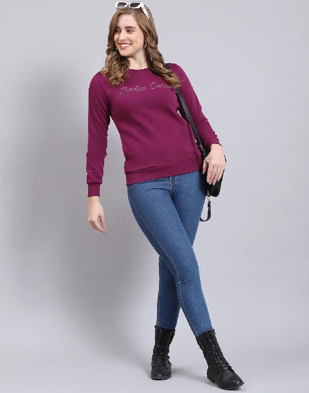 Women Purple Embroidered Round Neck Full Sleeve Sweatshirt