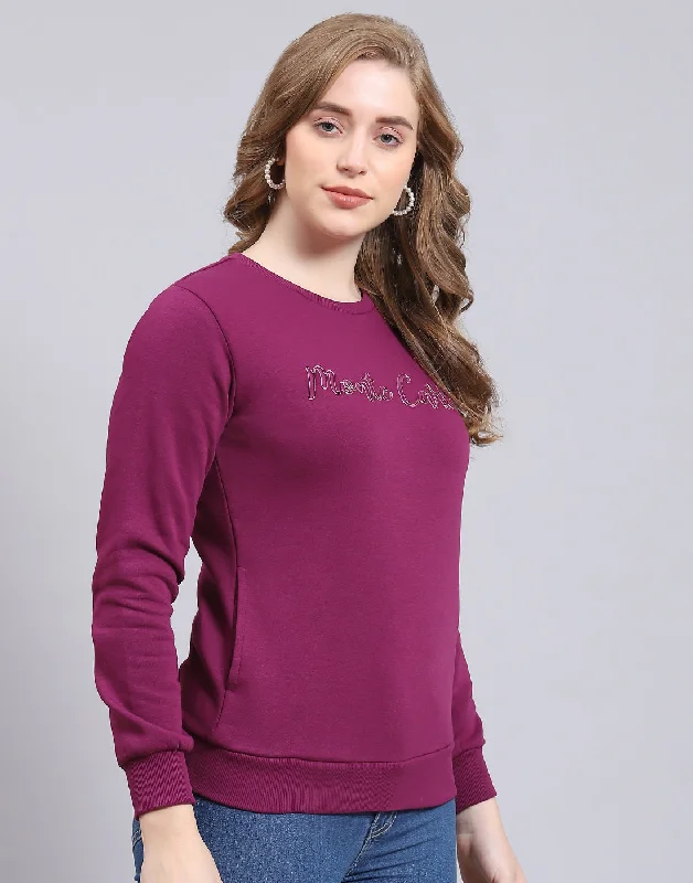 Women Purple Embroidered Round Neck Full Sleeve Sweatshirt