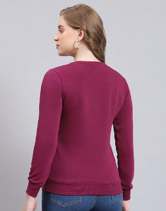 Women Purple Embroidered Round Neck Full Sleeve Sweatshirt