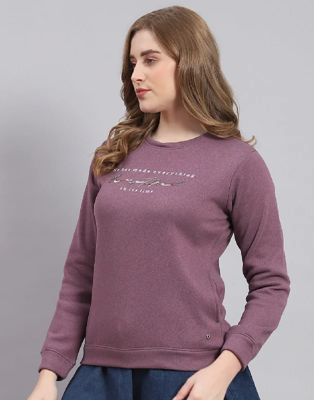 Women Purple Printed Round Neck Full Sleeve Sweatshirt