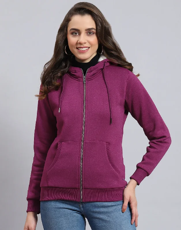 Women Purple Solid Hooded Full Sleeve Sweatshirt