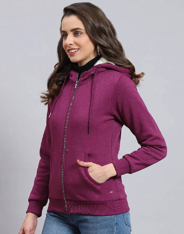 Women Purple Solid Hooded Full Sleeve Sweatshirt