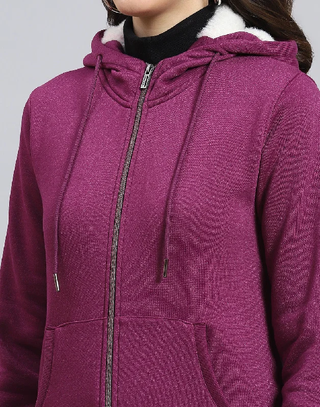 Women Purple Solid Hooded Full Sleeve Sweatshirt