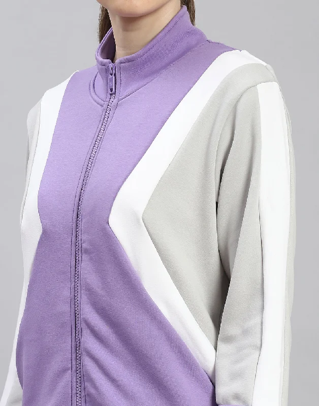 Women Purple Solid Stand Collar Full Sleeve Sweatshirt