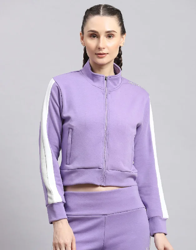 Women Purple Solid Stand Collar Full Sleeve Sweatshirt