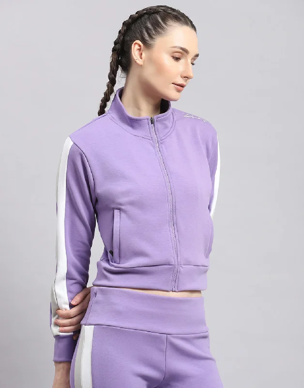 Women Purple Solid Stand Collar Full Sleeve Sweatshirt