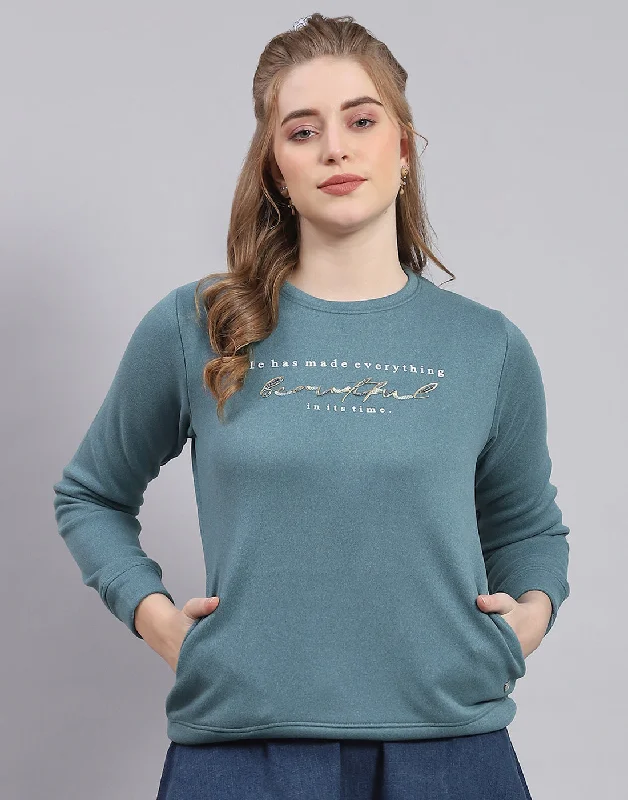 Women Teal Blue Printed Round Neck Full Sleeve Sweatshirt