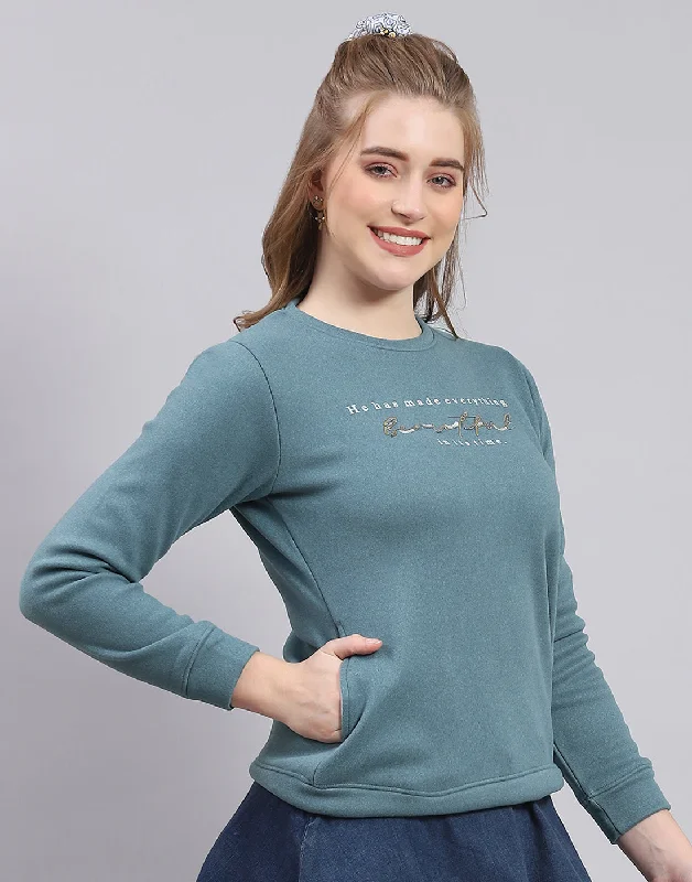 Women Teal Blue Printed Round Neck Full Sleeve Sweatshirt