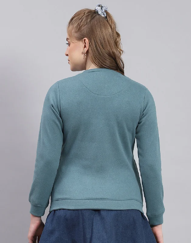 Women Teal Blue Printed Round Neck Full Sleeve Sweatshirt