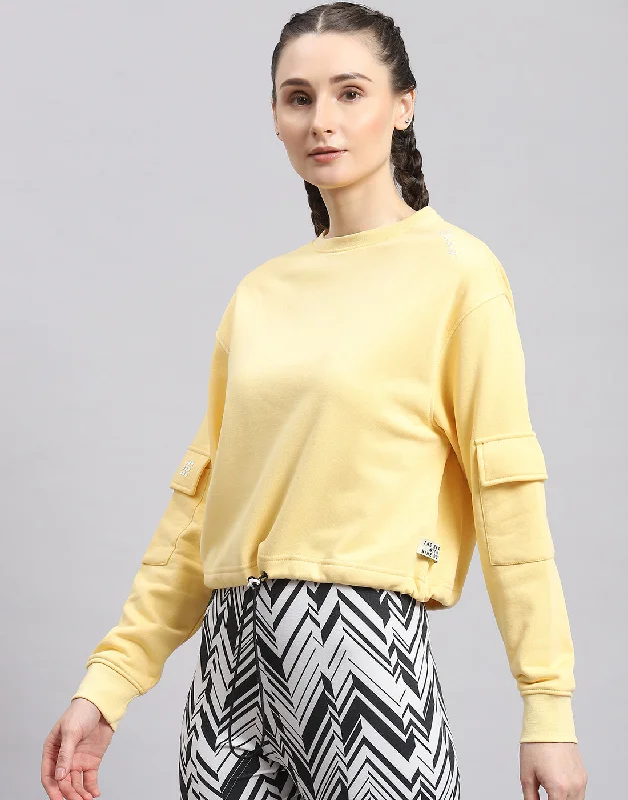 Women Yellow Solid Round Neck Full Sleeve Sweatshirt